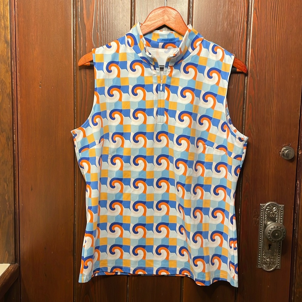 NWT J. McLaughlin Sleeveless 1/4 Zip Blue Coral Deco Crest Sleeveless Bedford